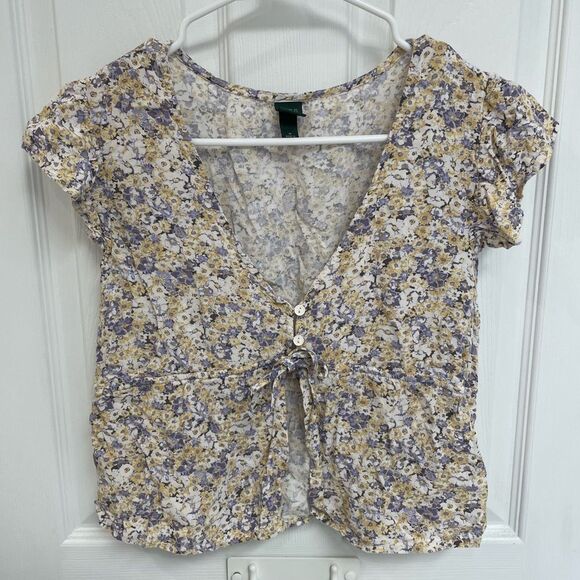 wild fable Tops - Wild Fable Yellow Purple Floral Peplum Button Front Flutter Sleeve Womens Size M